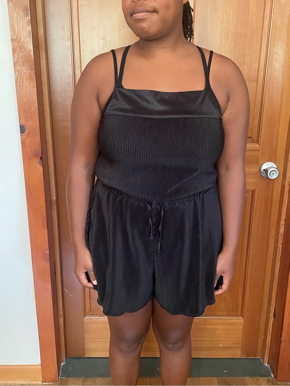 Urban Outfitters Black Satin-Trim Pleated Romper